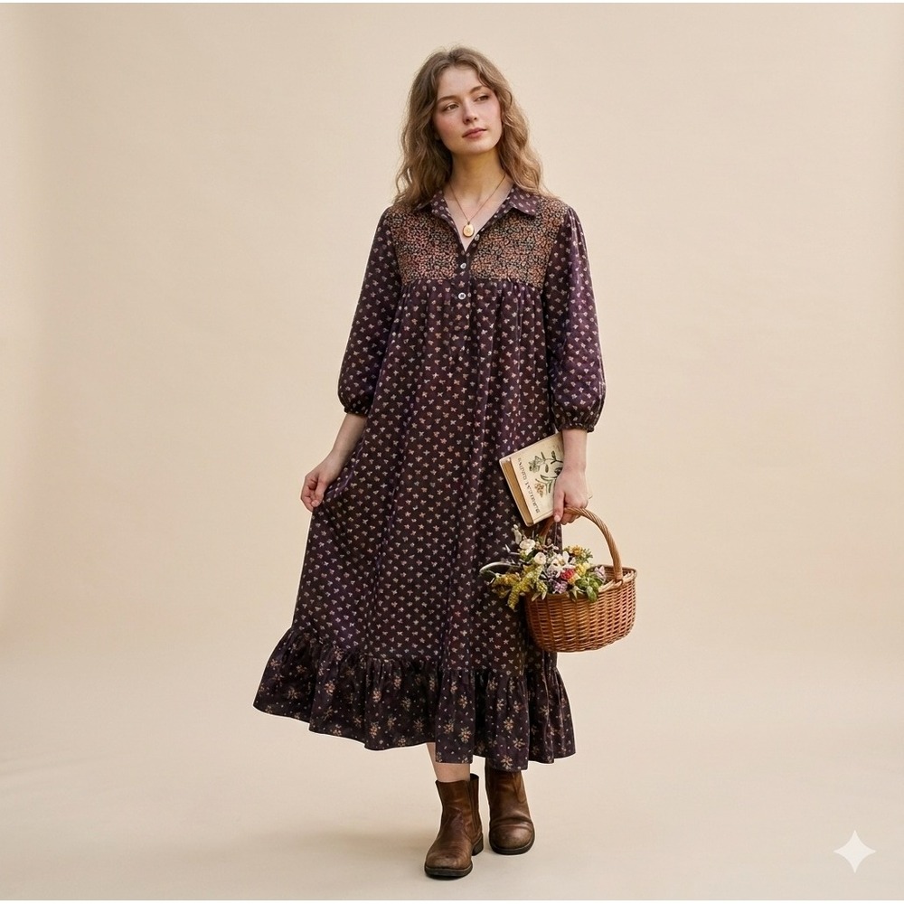 Vintage‎ Richard Todd Prairie Dress Brown Floral Ruffle Midi Cottagecore Large